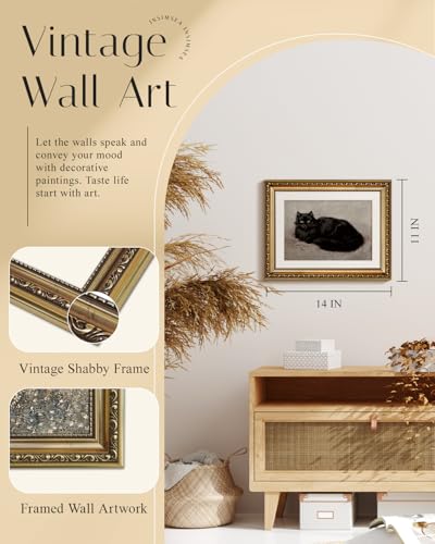 InSimSea Retro Gold Framed Wall Art, Vintage Black Cat Home Bathroom Wall Decor, Animal Canvas Print Artwork, Farmhouse Country Decor, Antique Picture Frame Retro Classical Paintings, 11x14 Inch - color: The Cat, size: 14"L x 11"W