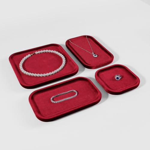 Resilient Velvet Jewelry Display Tray for Ring Earrings Bracelet Necklace, Flat Jewellery Dish for Showcase Store Retail Counter Exhibition Photography Livestream (Red, Large) - color: Red, size: Large