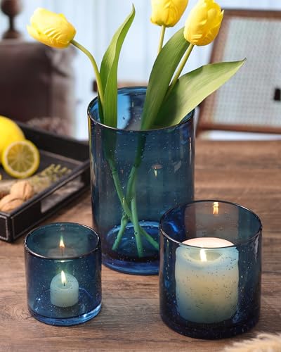 Hurricane Candle Holder Set of 3 Blue Candle Holders for Pillar Candles, Seeded Bubbles Glass Candle Holder, Blue Glass Cylinder Vases for Table Centerpieces, Home, Patio and Wedding 8" 4.7" 3.5" - color: Blue, size: Medium