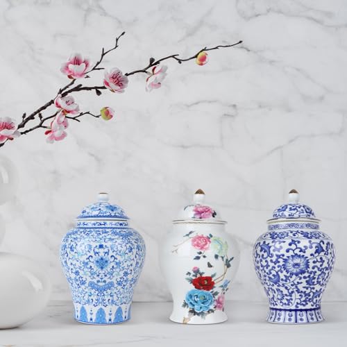 Chinoiserie Ginger Jar,7.6 Inch Ceramic Bule and White Ginger Jar w/Lid,Porcelain Ginger Jars Vase for Home,Living Room,Coffee Table,Mantle Fireplace (Bule&White)