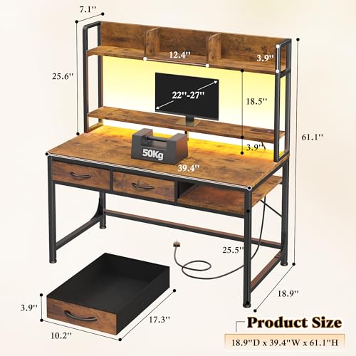 39.4"Office Desk with 2Drawers&Hutch,Computer Desk with Storage Rack&Monitor Stand,Gaming desk with LED&Power Outlet,Modern Study Writing Desk for Bedroom Home Office,Small Space,Rustic Brown - color: Brown, size: 18.9"D x 39.4"W x 61.1"H