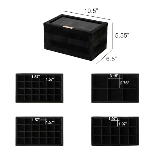 Frebeauty Earring Holder Stackable Jewelry Trays,Velvet Drawer Jewelry Organizer with Glass Lid, 5 in 1 Jewelry Box for Earrings Rings Studs,10.5 x 6.5 x 5.55 Inches Gift for Women (Black) - color: Black, size: Set5-B