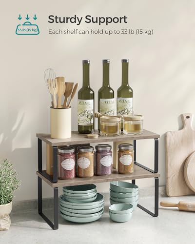 SONGMICS Cabinet Organizer Shelf, Set of 2 Kitchen Counter Shelves, Kitchen Storage, Spice Rack, Stackable, Expandable, Metal and Engineered Wood, Ink Black and Heather Greige UKCS200X02 - color: Ink Black + Heather Greige, size: 15.6"W