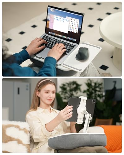 Viozon Kindle Pillow Stand Holder, Phone Holder for Bed, Laptop Lap Desk with Mouse Pad,Compatible with 4.7-13" Kindle/Tablet/Phone,10-15" Laptop, Snack Bowl&Cup Attachment&Detachable 360°Stand Arm - color: White/Grey