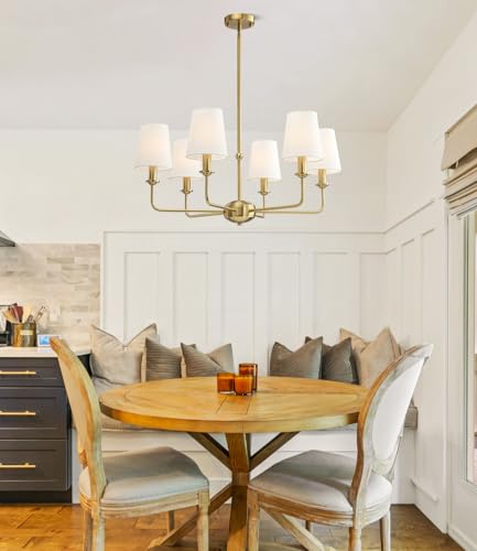 6-Light Brushed Gold Pendant Chandelier with Fabric Shades, E12 Base - Farmhouse & Industrial Style for Kitchen, Living Room, Dining Room, or Bedroom Lighting - color: 6 Light+Brushed Gold