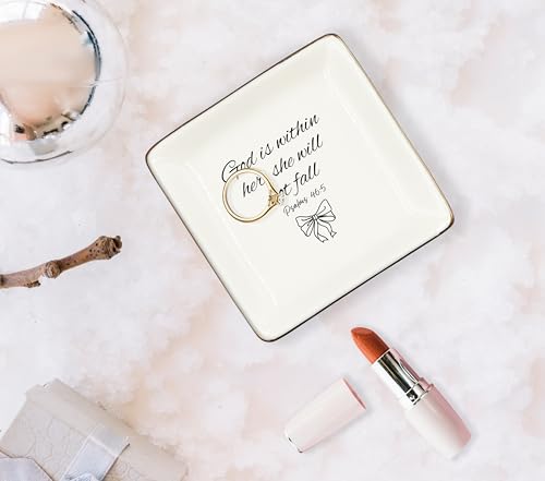 WODMIS Christian Preppy Bow Ceramic Jewelry Tray Dish, Coquette Bible Verse Jewelry Plate Ring Trinket Dish, Trendy Aesthetic Ribbon Gifts for Women Bestie Best Friends - color: Black