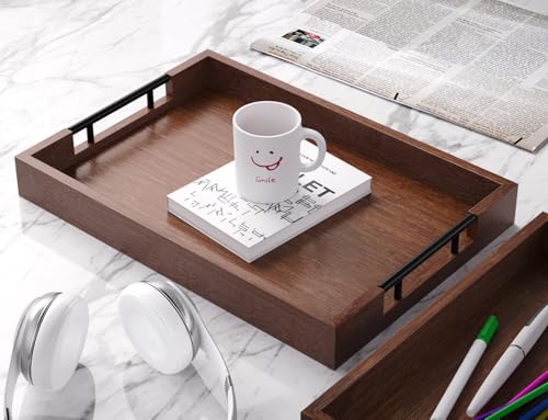 Fibogollo Bamboo Set of 2 Serving Tray with Metal Handles,Ottoman Decorative Trays Platter for Coffee Table,Living Room,Bar,Party(Brown) - style: Brown-Medium and Large Set