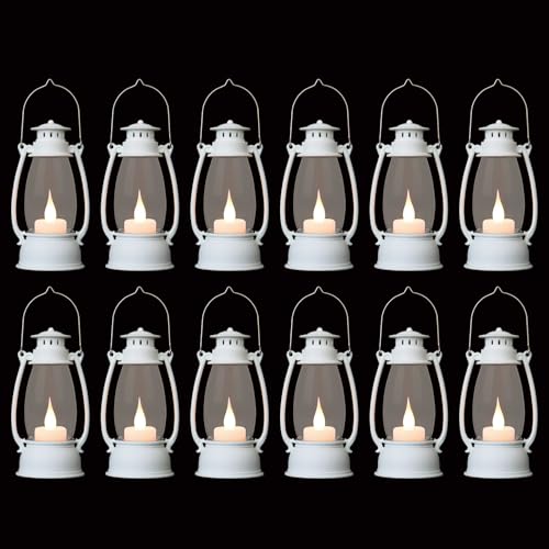 12Pcs Mini White Lanterns for Western Halloween Christmas – 6Inch Candle Lanterns with Flickering LED, Wedding Centerpiece Table Decorations, Camping Decor & Hanging Ornaments for Rustic Party - color: White-12pcs