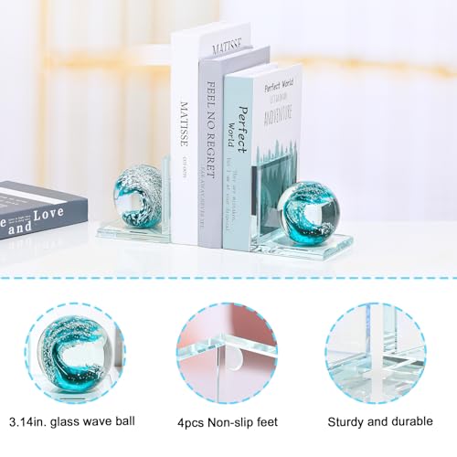 Arikyrist 1 Pair Crystal Bookends for Heavy Books with Hand Blown Ocean Waves Ball Glass Decorative Non Skid Bookends for Bookshelf Office Home (Dark Green) - color: Dark Green