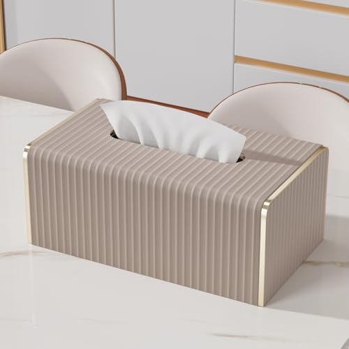 Tissue Box Cover,Beige Rectangle Leather Tissue Box Holders with Gold-Tone Edging Accents,Decorative Tissue Covers for Bathroom Toilet Bedroom Living Room Table Desk Office Car - color: Beige, size: Rectangle Standard