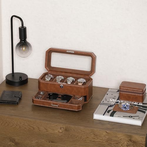 ROTHWELL 4 Slot Leather Watch Box with Valet Drawer - Luxury Case Display Jewelry Organizer, Locking Display Case Holder with Real Glass Top - Watch Box Organizer for Men & Women (Tan) - color: Tan / Brown