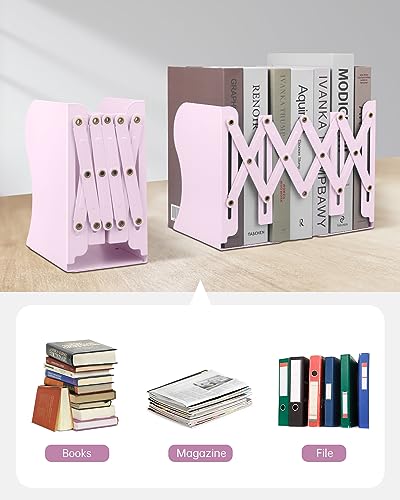 Honagu Adjustable Bookends, Metal Book Ends for Shelves Heavy Book, Desk Magazine File Organizer for Home, Office, Books, Papers, Extends up to 19 inches (Macaron Pink) - color: Macaron Pink