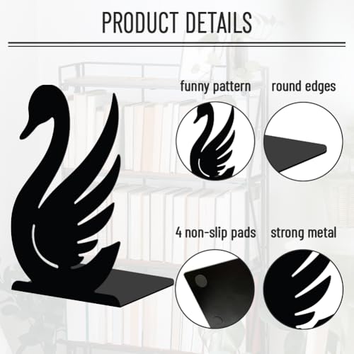 WADORN 1 Pair Swan Metal Decorative Bookend for Shelves, Heavy Duty Book Ends Modern Non-Skid Books Holder Stand Black Book Support Stoppers for Desk Bookshelf Office Home, 5.3x4.3x7.8 Inches - color: Swan