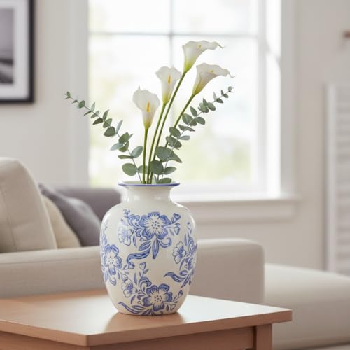Blue and White Chinoiserie Vase for Home Decor- 7 Inch Ceramic Floral Vase for Pampas Grass, Night Stand, Coastal, Kitchen Island, Dining Table Decor - color: Blue and White