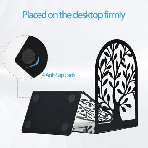 Book Ends, Metal Bookends for Shelves Decorative, Tree Stopper for Heavy Books for Office Home Kitchen, Black(1 Pairs/2 Pcs, Large)