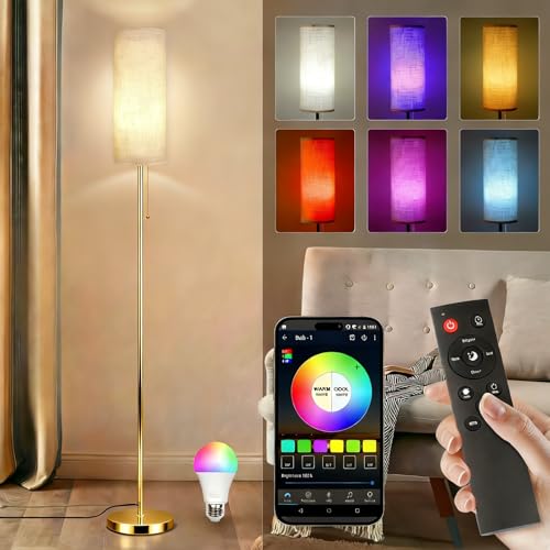 Floor Lamps for Living Room with RGB Color Changing Bulb Dimmable Color Brightness Standing Lamp with Remote Tall Lamps with Chain Switch for Bedroom Office 9W LED Bulb Included, Gold Body RGB Bulb - color: Gold Body+RGB Bulb