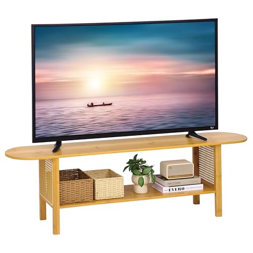 Bamboo TV Stand for TVs up to 65", Accent Entertainment Center with Storage, Media Console Table with Rattan, Modern TV Stand for Living Room, Bedroom, 55"(L), Burlywood - color: Burlywood Rattan