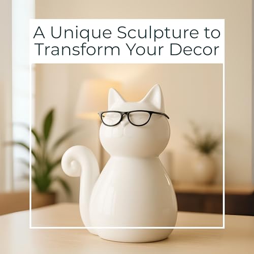 Ceramic Cat Figurine Sculpture – White Porcelain Stoneware Statue with Modern Glam Minimalist Design – Home Decor Accent for Bookshelf, Coffee Table, Bedroom, Office & Living Room – 8", White - size: 8.0" H