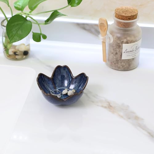 Flower Ring Dish Holder,Jewelry Dish Tray,Small Trinket Tray,Jewelry Plate Bowl,Key Bowl,Decorative Plate,Mothers Day Birthday Gifts for Women Mom Friends,Ceramic Kiln effect Blue - color: Kiln effect Blue