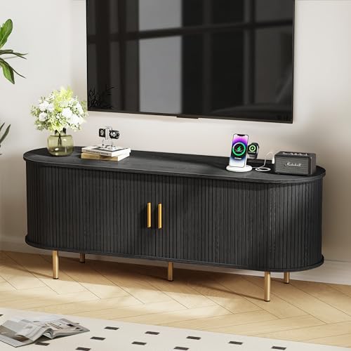 DHH 55 Inch Mid Century Modern TV Stand with Power Outlet for TVs up to 60 Inch, Entertainment Center with Storage and Adjustable Shelves, Media Console with Sliding Doors for Living Room(Black) - color: Black, size: 55 Inch