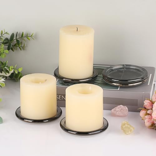 OwnMy 5PCS Glass Pillar Candle Holders Set - 3 Inch Glass Pillar Candle Plates, Round Candle Stand Base Clear Candle Plates and Trays for Wedding Dining Table Centerpieces, Grey