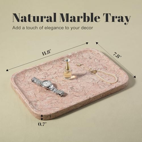 Koville Marble Tray, 12"x8" Natural Marble Vanity Tray for Countertop Bathroom Kitchen Dresser, Decorative Catchall Trays for Perfume Jewelry, Rectangular Stone Serving Tray(Pink) - color: Pink