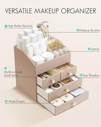 Vlando Makeup Organizer Countertop,Large Vanity Organizer PU Leather Make up Storage with 4 Drawers Skin care Organizer Cosmetic Display Case for Lipstick,Brushes,Bedroom-Toffee - color: 4 layers-Toffee