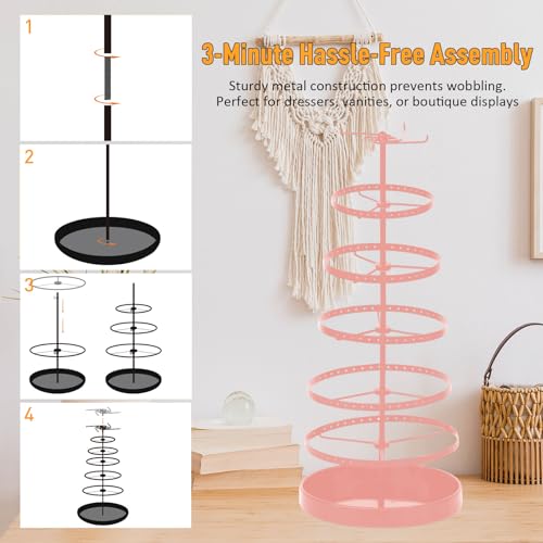 17Dec 6 Tier Rotating Jewelry Organizer Stand, 230 Holes Earring Holder Organizer for Women Girls, Spinning Earring Tree with Ring Holder, Wide Base for Bracelets Watches Lipstick - color: Metal,6-Tier,Pink