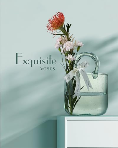 Thickened Glass Purse Vase for Flowers Gift Set-(Handmade 5mm Crystal-Unique Cute Clear Bag Vase with Reinforced Gift Box, Premium Table Centerpiece for Wedding/Mothers Day (Turquoise) - color: Turquoise