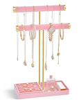 Lolalet 2-Tier Necklace Holder Display, Velvet Wrapped Bracelet Stand with Removable Ring Tray, Tall Jewelry Organizer for Bangles Watches Earrings, Galentines Valentines Gifts for Girls Women -Pink - color: Pink