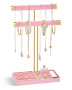 Lolalet 2-Tier Necklace Holder Display, Velvet Wrapped Bracelet Stand with Removable Ring Tray, Tall Jewelry Organizer for Bangles Watches Earrings, Galentines Valentines Gifts for Girls Women -Pink - color: Pink