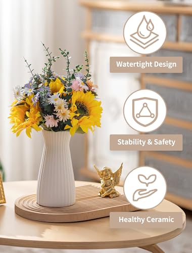 NUPTIO White Ceramic Flower Vase: 7.9" Tall Unglazed Pampas Grass Vases for Building Block Flowers - Modern Decorative Table Centerpiece for Home Living Dining Room Kitchen Decor - style: Ribbed