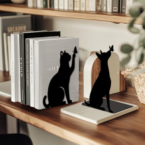 Peacoblue Metal Bookends for Shelves, Modern Decorative Heavy Duty Study Book Ends Stoppers for Office, Desk, Shelf, Room 5.3"x4.3"x7.9" Cast Iron Simple Tall Bookends 1 Pair (Cat and Dog) - style: Cat and Dog