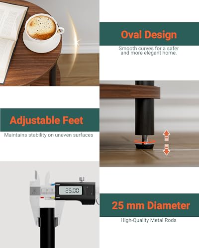 Small Round Side Table - 3-Tier Oval Accent Table for Small Spaces, Rustic Wood and Metal Nightstand for Living Room or Bedroom, with Built-in USB Ports and Power Outlet, Rustic Walnut - color: Rustic Walnut, size: 1-Pack, style: Includes Power Outlets