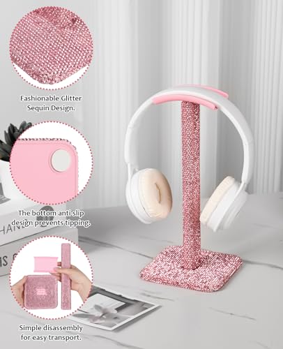 Luxury Rhinestone Headphone Stand – Cute Crystal Headset Holder for Gamer Girl Desk Setup – Bling Kawaii Desk Accessories with Soft Headrest – Aesthetic Gift for Daughter & Girlfriend (Pink) - color: Pink Sparkle