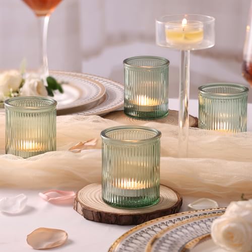 NITIME 32Pcs Ribbed Green Votive Candle Holders, Tea Light Candle Holders Glass for Table Centerpiece, Green Candle Holders for Wedding, Bridal Shower and Tea Party Decorations - color: Green