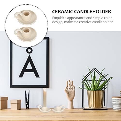 DOITOOL 2Pcs Ceramic Candle Holder Candlestick Holder with Handle, Taper Candle Stand Candlelight Stand Holder Decorative Candle Display Holder for Desktop Dining Room Home Decoration Display (Beige) - color: Beige