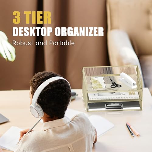 DALTACK 3 Tier Paper Organizer with Handle, Mesh Metal Desk Organizer with Sliding Paper Trays for Letter/A4 Paper, Mail, Bills & Folders, Yellow - color: Golden Yellow