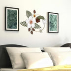 3D Metal Flower Wall Decor - 13.78'' Gold Circle Floral Wall Art with Green Tropical Leaves and Butterflies, Modern Boho Rustic Hanging Sculpture for Living Room Bedroom Bathroom Entryway Kitchen - style: Stylish Style