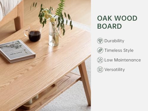 100% Solid Oak Wood Coffee Table for Living Room, 2-Tier Coffee Tables with Shelf Storage, Mid Century Modern Table with Rounded Corners (Natural Colour, 47.24" W x22.05 D x 17.32" H) - color: Natural Colour, size: 47.24"W x22.05" D x 17.32" H
