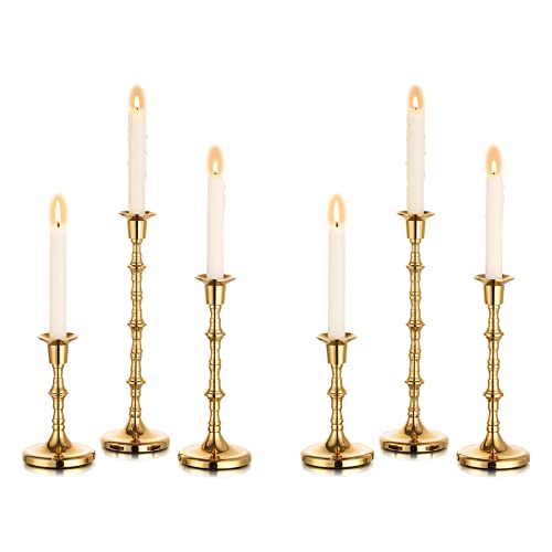 Nuptio Gold Candle Holders for Candlestick: Set of 6 Tall Taper Candle Stick Holders for Fall Thanksgiving Christmas Living Room Fireplace Dinner Table Cafe Table Decor - color: Gold, size: 2 sets/ 6 pcs