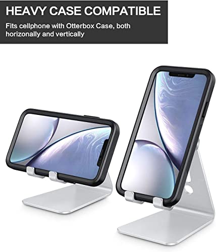 Adjustable Cell Phone Stand, OMOTON Aluminum Desktop Cellphone Stand with Anti-Slip Base and Convenient Charging Port, Fits All Smart Phones, Silver - color: Silver