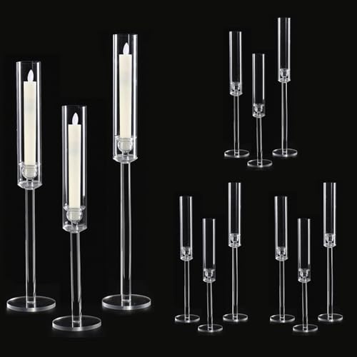 Vincidern 12pcs Taper Candle Holder Acrylic Candlestick Holder Clear Set for Table Centerpiece, Long Candle Stick Candle Stand Cylinder Shade for Wedding Party Dining Room Decor - color: Clear-12pcs (Fat)