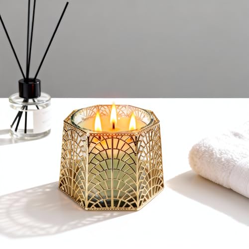 3 Wick Candle Holder, Golden Shell Design Candle Jar Holder for 4-Inch Diameter Jars (5.25" D x 3.5" H) (Golden) - color: Golden