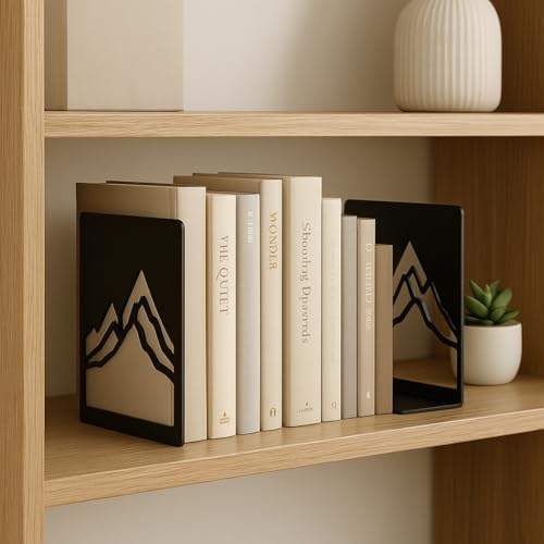 Metal Bookends for Shelves, Mountain Line Art Design, Heavy Duty Decorative Book Ends for Home Office, Black Iron Book Holder with Anti-Slip Base, Gift for Readers & Nature Lovers (1 Pair) - color: Black Sm