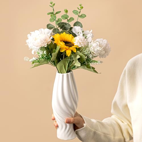 White Ceramic Torch Vase with Spiral Design - 8.8" Unique Flower Vase for Pampas Grass & Centerpieces, Decorative Boho/Farmhouse Vase for Living Room, Office Desk & Gift for Her/Yourself - color: Torch Spiral