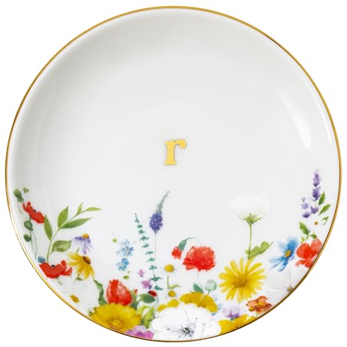 Crisky Flower Jewelry Tray Ring Dish & Gift Box, Ceramic Trinket Dish for Rings Earrings Necklaces Keys, Bridal Shower Engagement Birthday Gift for Women, Friends 4.57" (Gold Foil R - style: Initial R