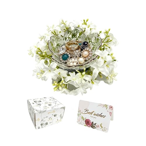 Mini Flower Ring Plate Jewelry Storage Tray Ring Holder for Dressing Table, Bedside Table, Room Bathroom Decoration, Cute Valentine's Day Christmas Birthday Gift for Women (white flower) - color: white Jewelry Tray and Flower Base
