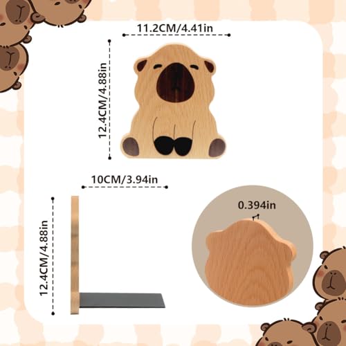 1 Pair Capybara Wood Bookends,Simple Cartoon Animal Capybara Design Non-Skid Beech Wood Bookends Desk Organizer Book Stand Book Holder Shelf Shelves Holder for Home School Office Library Decorative
