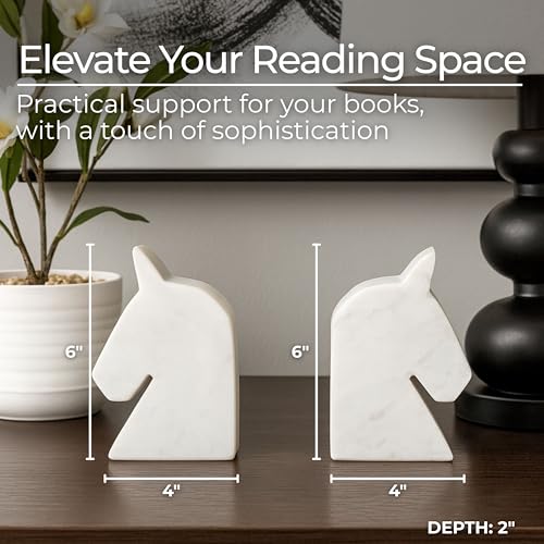 Decorative Marble Horse Head Bookends and Book Ends for Office Decor - Modern Bookshelf Decor Accent as Desk Display - Sculptural Book Accessories for Home Library Display - Set of 2, 6", White